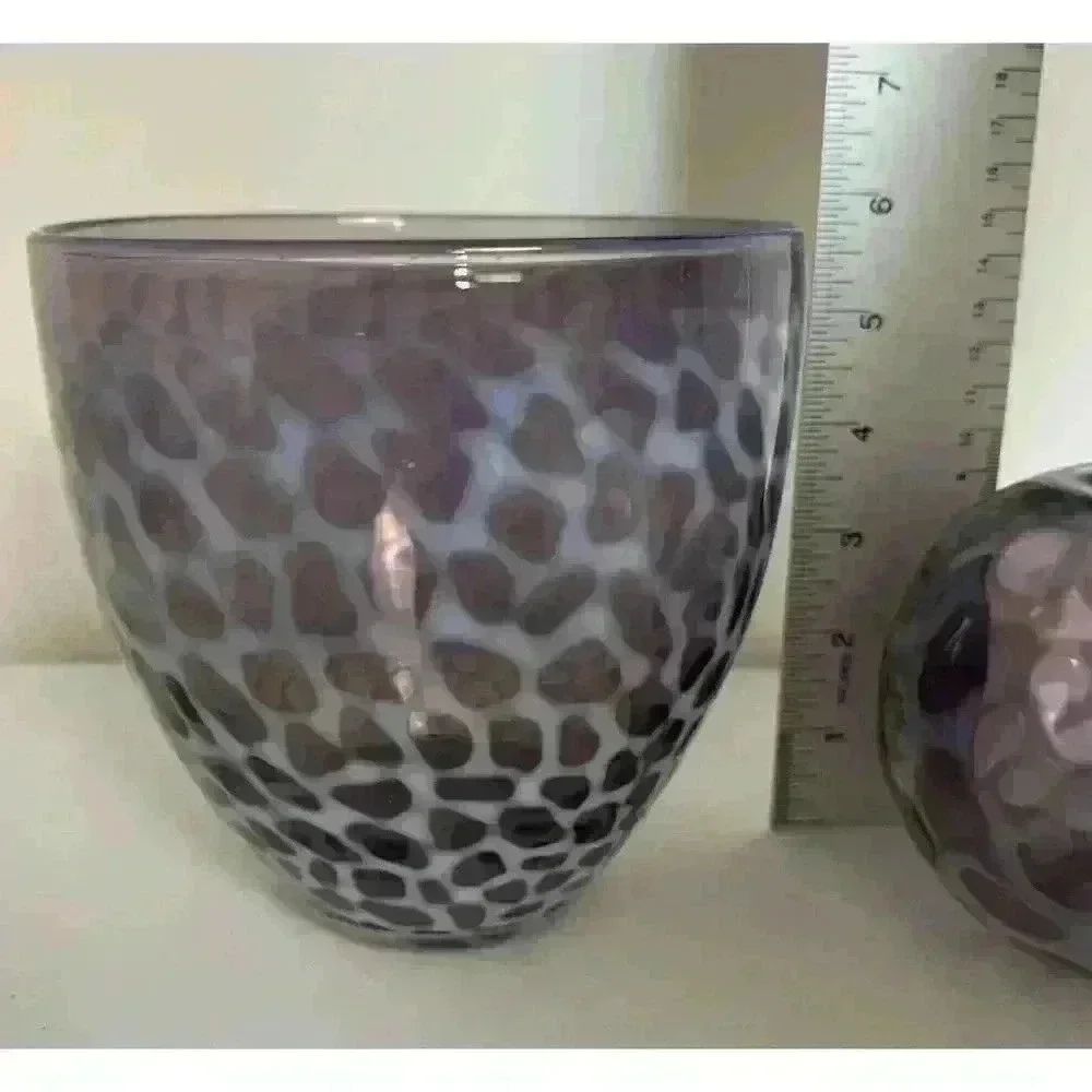 Two Hand Blown Art Glass Vases Purple Tortoise shell spots Clear pontil mark